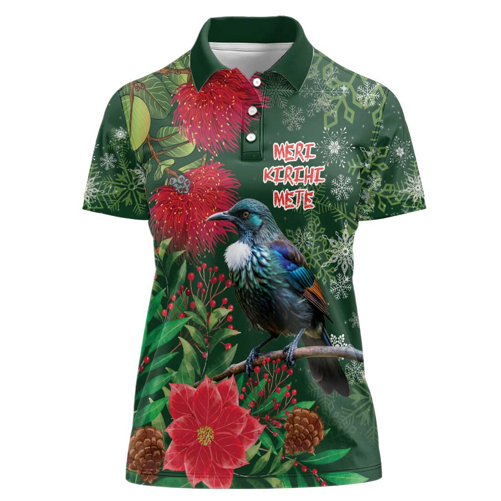 Tui Meri Kirihimete Personalised Women Polo Shirt Pohutukawa Flowers Green Motif - Aussie Hoodie
