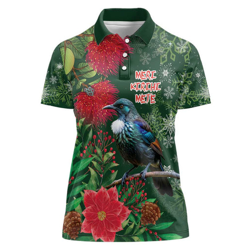 Tui Meri Kirihimete Personalised Women Polo Shirt Pohutukawa Flowers Green Motif - Aussie Hoodie