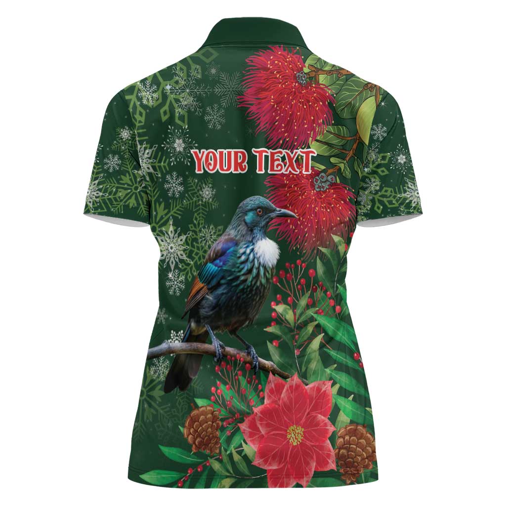 Tui Meri Kirihimete Personalised Women Polo Shirt Pohutukawa Flowers Green Motif - Aussie Hoodie