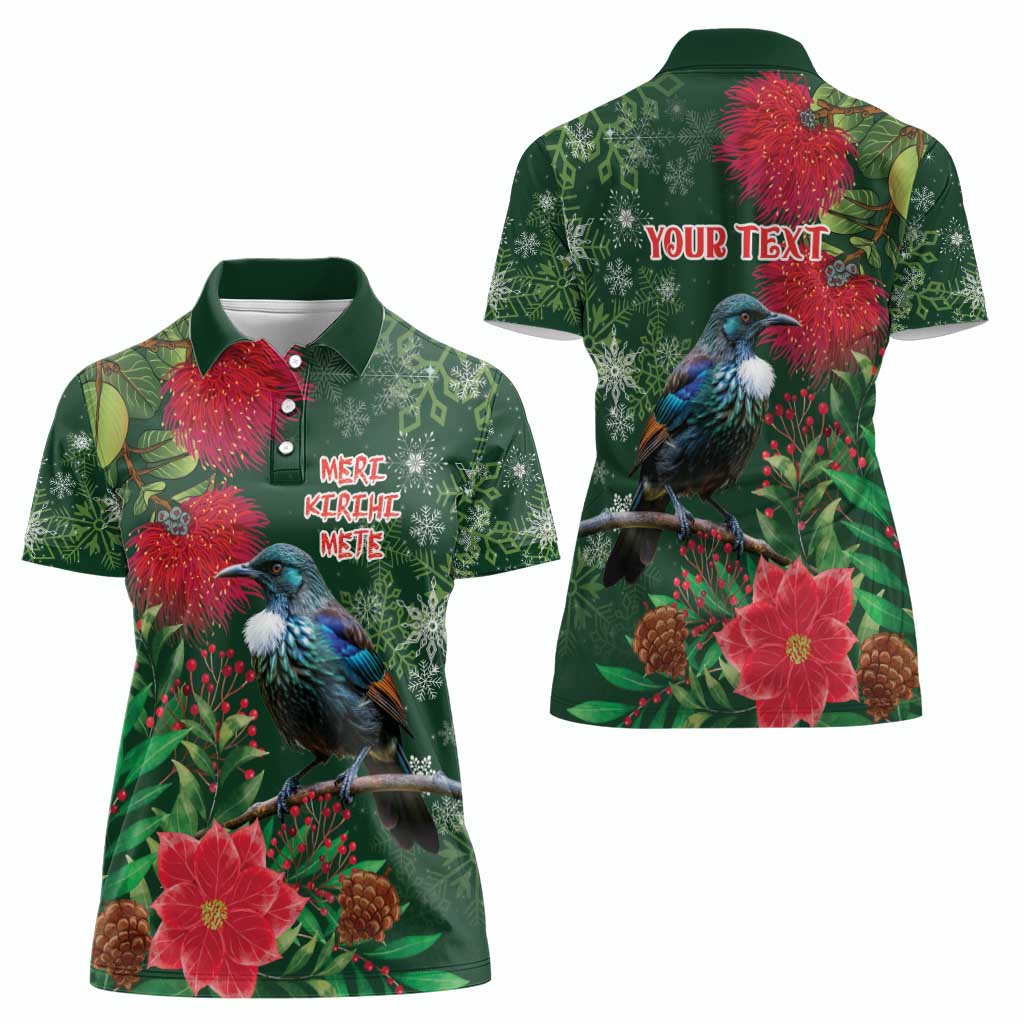 Tui Meri Kirihimete Personalised Women Polo Shirt Pohutukawa Flowers Green Motif - Aussie Hoodie