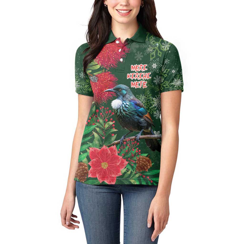 Tui Meri Kirihimete Personalised Women Polo Shirt Pohutukawa Flowers Green Motif - Aussie Hoodie