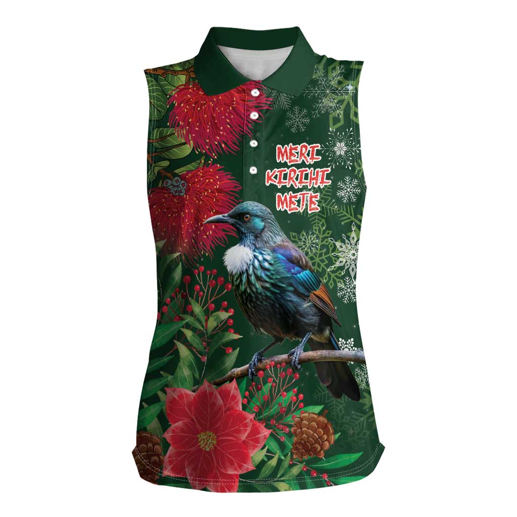 Tui Meri Kirihimete Personalised Women Sleeveless Polo Shirt Pohutukawa Flowers Green Motif - Aussie Hoodie