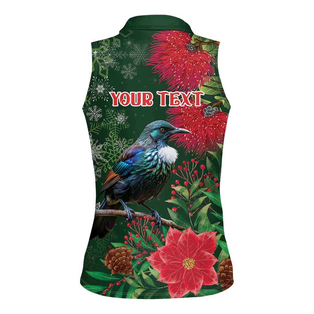 Tui Meri Kirihimete Personalised Women Sleeveless Polo Shirt Pohutukawa Flowers Green Motif - Aussie Hoodie