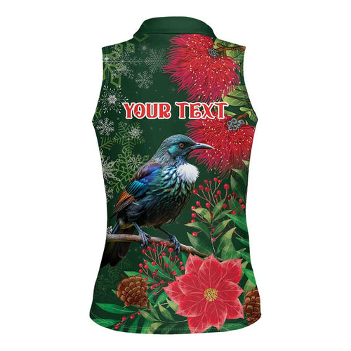 Tui Meri Kirihimete Personalised Women Sleeveless Polo Shirt Pohutukawa Flowers Green Motif - Aussie Hoodie