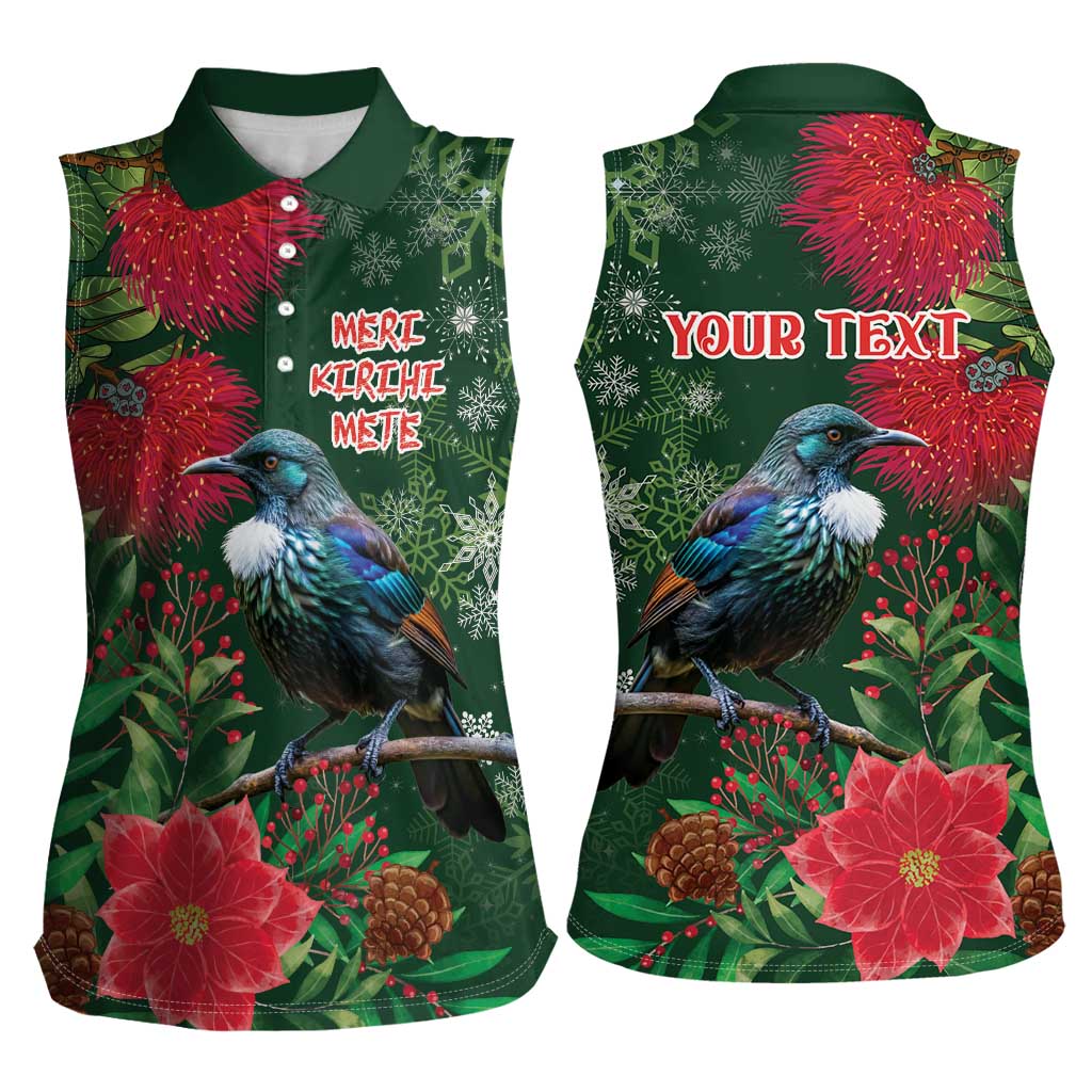 Tui Meri Kirihimete Personalised Women Sleeveless Polo Shirt Pohutukawa Flowers Green Motif - Aussie Hoodie
