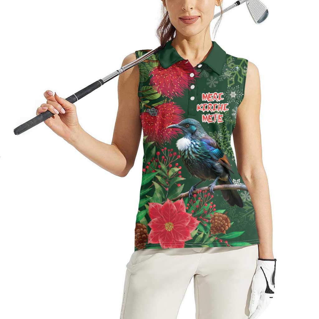Tui Meri Kirihimete Personalised Women Sleeveless Polo Shirt Pohutukawa Flowers Green Motif - Aussie Hoodie