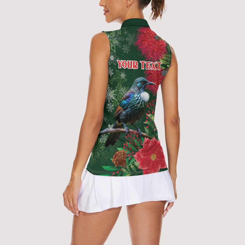 Tui Meri Kirihimete Personalised Women Sleeveless Polo Shirt Pohutukawa Flowers Green Motif - Aussie Hoodie