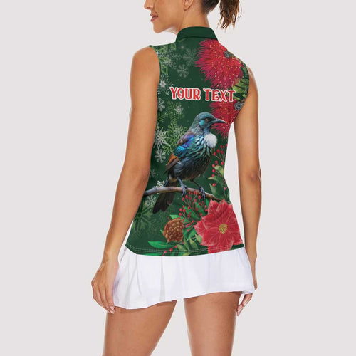 Tui Meri Kirihimete Personalised Women Sleeveless Polo Shirt Pohutukawa Flowers Green Motif - Aussie Hoodie