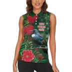 Tui Meri Kirihimete Personalised Women Sleeveless Polo Shirt Pohutukawa Flowers Green Motif - Aussie Hoodie