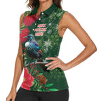 Tui Meri Kirihimete Personalised Women Sleeveless Polo Shirt Pohutukawa Flowers Green Motif - Aussie Hoodie