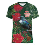 Tui Meri Kirihimete Personalised Women V-Neck T-Shirt Pohutukawa Flowers Green Motif - Aussie Hoodie