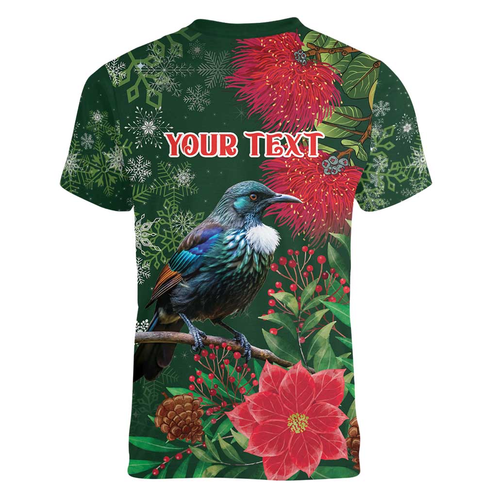 Tui Meri Kirihimete Personalised Women V-Neck T-Shirt Pohutukawa Flowers Green Motif - Aussie Hoodie