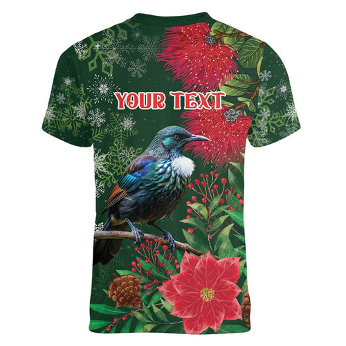 Tui Meri Kirihimete Personalised Women V-Neck T-Shirt Pohutukawa Flowers Green Motif - Aussie Hoodie
