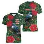 Tui Meri Kirihimete Personalised Women V-Neck T-Shirt Pohutukawa Flowers Green Motif - Aussie Hoodie