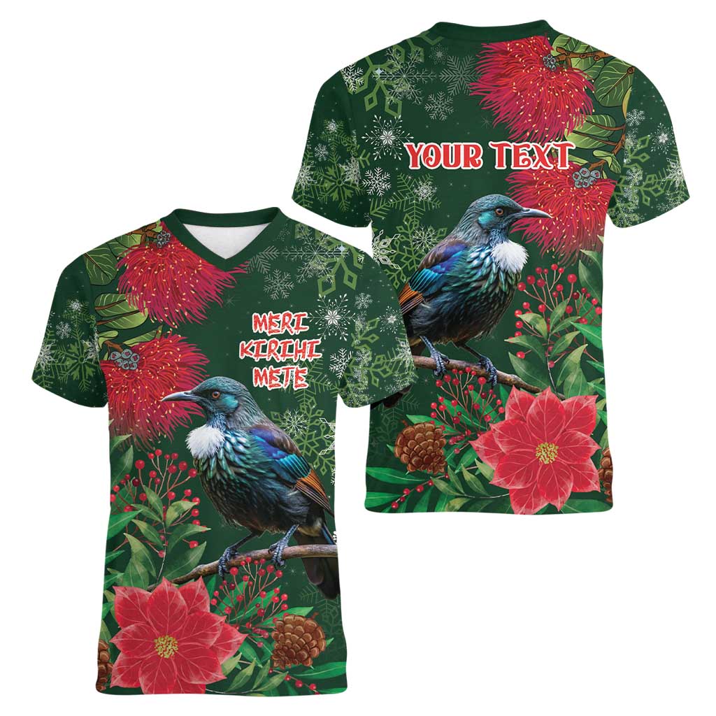Tui Meri Kirihimete Personalised Women V-Neck T-Shirt Pohutukawa Flowers Green Motif - Aussie Hoodie
