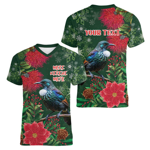 Tui Meri Kirihimete Personalised Women V-Neck T-Shirt Pohutukawa Flowers Green Motif - Aussie Hoodie
