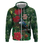 Tui Meri Kirihimete Personalised Zip Hoodie Pohutukawa Flowers Green Motif - Aussie Hoodie