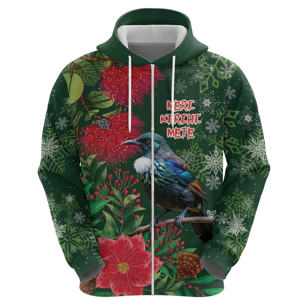 Tui Meri Kirihimete Personalised Zip Hoodie Pohutukawa Flowers Green Motif - Aussie Hoodie