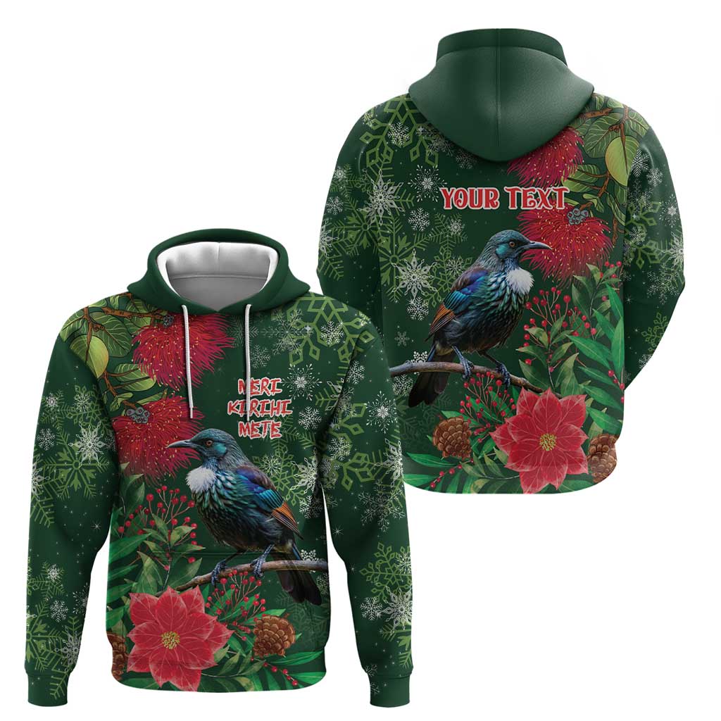 Tui Meri Kirihimete Personalised Zip Hoodie Pohutukawa Flowers Green Motif - Aussie Hoodie