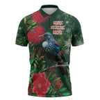 Tui Meri Kirihimete Personalised Zipper Polo Shirt Pohutukawa Flowers Green Motif - Aussie Hoodie