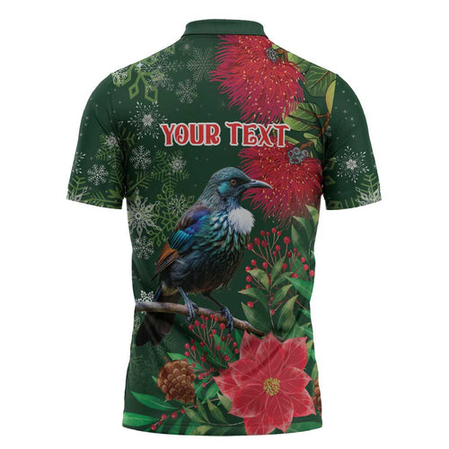 Tui Meri Kirihimete Personalised Zipper Polo Shirt Pohutukawa Flowers Green Motif - Aussie Hoodie