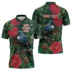 Tui Meri Kirihimete Personalised Zipper Polo Shirt Pohutukawa Flowers Green Motif - Aussie Hoodie