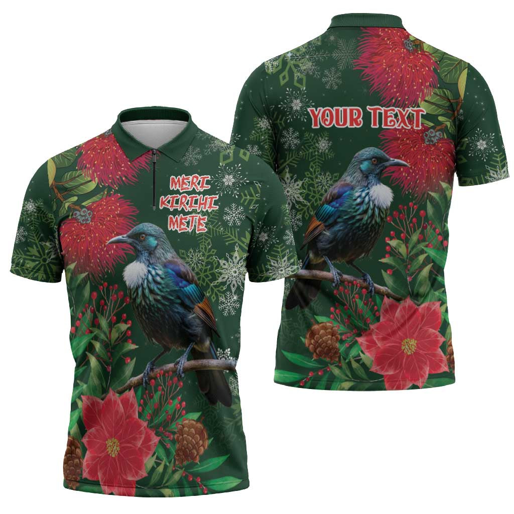 Tui Meri Kirihimete Personalised Zipper Polo Shirt Pohutukawa Flowers Green Motif - Aussie Hoodie