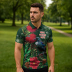 Tui Meri Kirihimete Personalised Zipper Polo Shirt Pohutukawa Flowers Green Motif - Aussie Hoodie