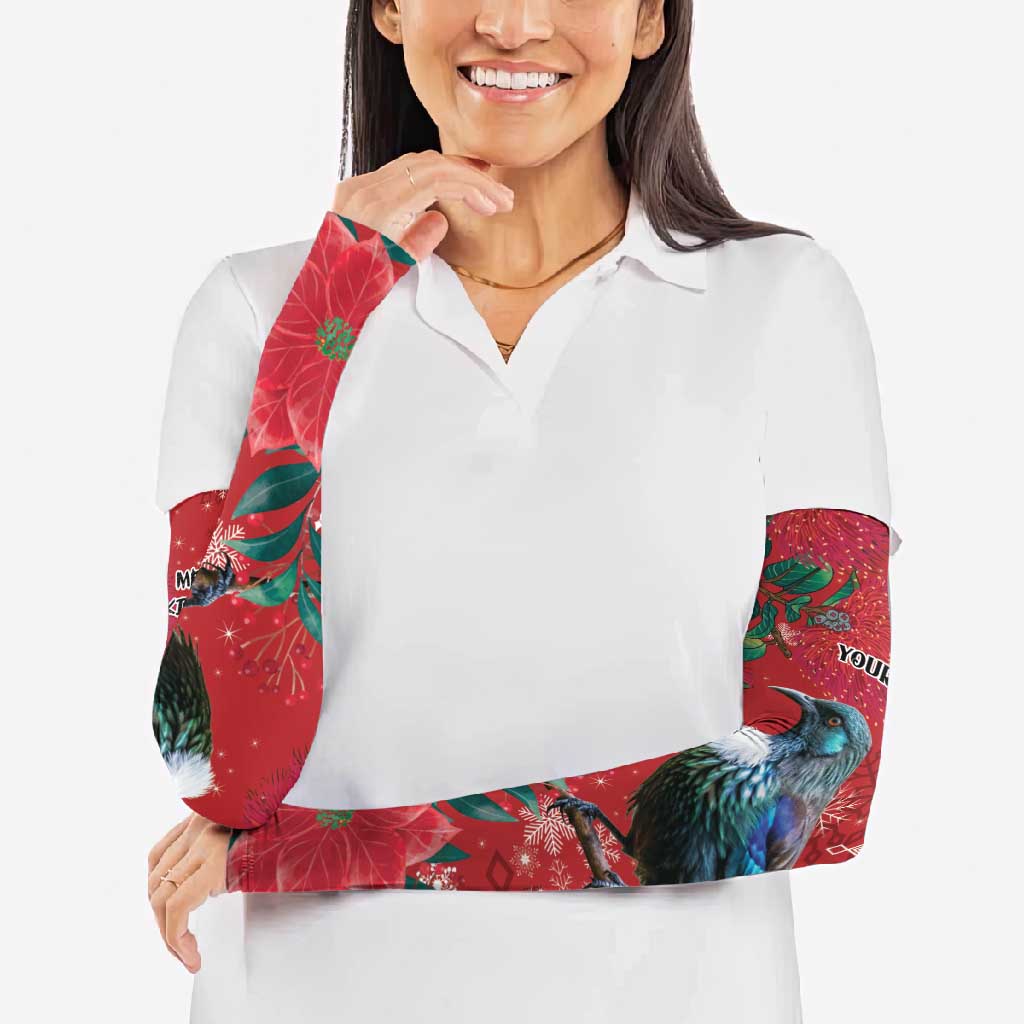 Tui Meri Kirihimete Personalised Arm Sleeves Pohutukawa Flowers Red Motif - Aussie Hoodie