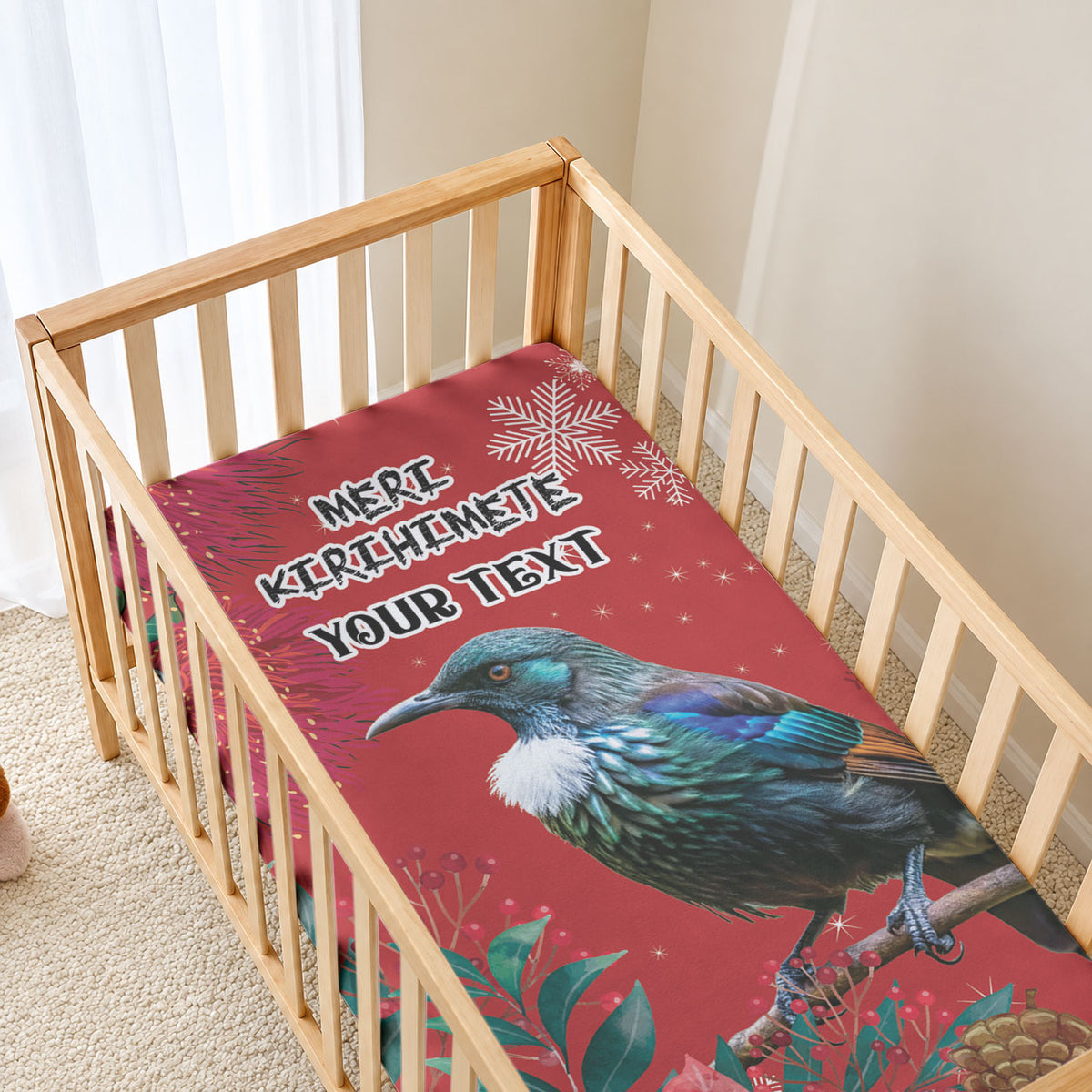 Tui Meri Kirihimete Personalised Baby Bed Cover Pohutukawa Flowers Red Motif