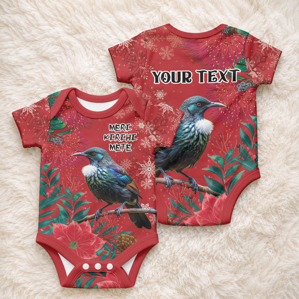 Tui Meri Kirihimete Personalised Baby Onesie Pohutukawa Flowers Red Motif