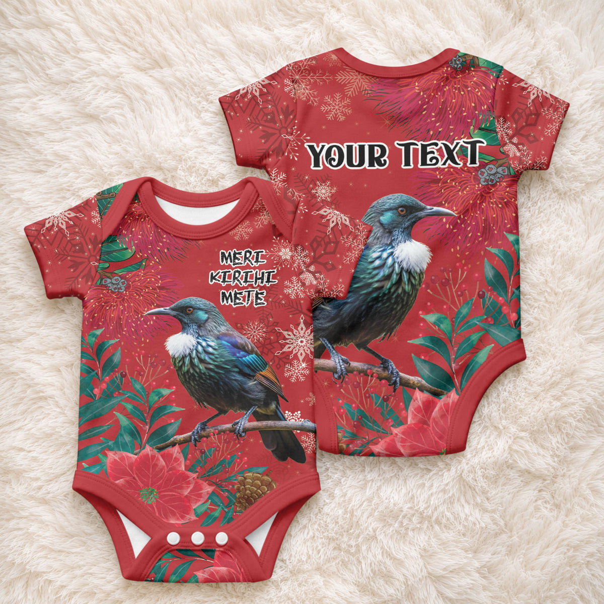 Tui Meri Kirihimete Personalised Baby Onesie Pohutukawa Flowers Red Motif