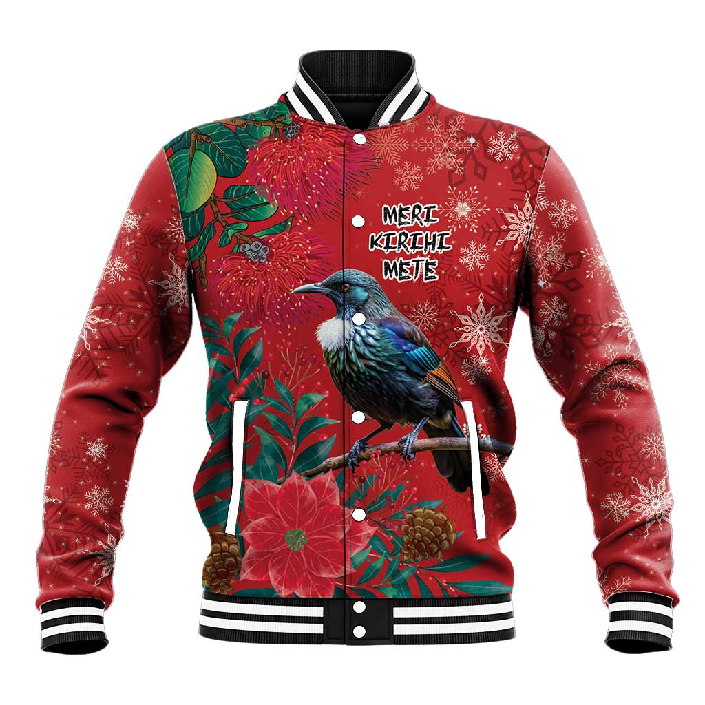 Tui Meri Kirihimete Personalised Baseball Jacket Pohutukawa Flowers Red Motif - Aussie Hoodie
