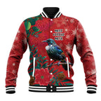Tui Meri Kirihimete Personalised Baseball Jacket Pohutukawa Flowers Red Motif - Aussie Hoodie