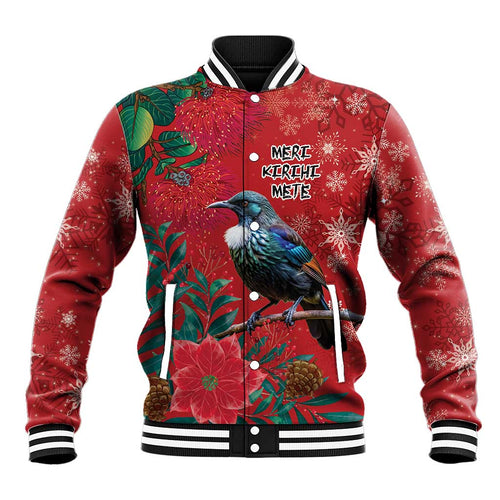 Tui Meri Kirihimete Personalised Baseball Jacket Pohutukawa Flowers Red Motif - Aussie Hoodie