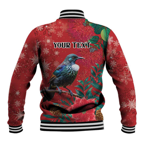 Tui Meri Kirihimete Personalised Baseball Jacket Pohutukawa Flowers Red Motif - Aussie Hoodie