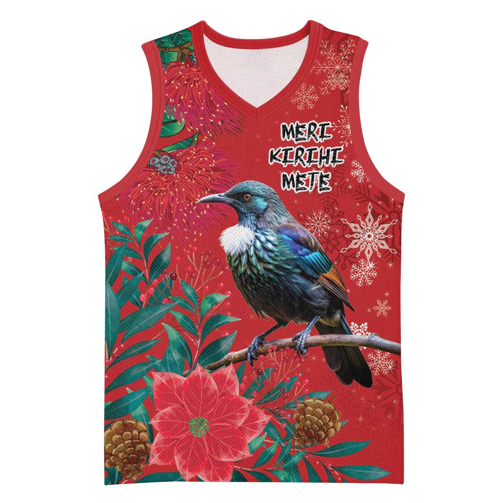 Tui Meri Kirihimete Personalised Basketball Jersey Pohutukawa Flowers Red Motif - Aussie Hoodie