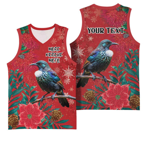 Tui Meri Kirihimete Personalised Basketball Jersey Pohutukawa Flowers Red Motif - Aussie Hoodie