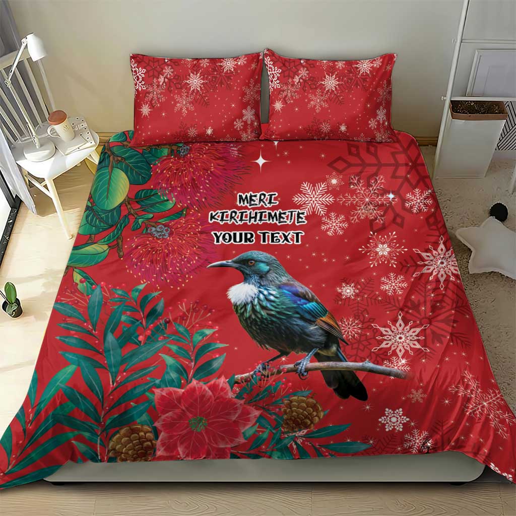 Tui Meri Kirihimete Personalised Bedding Set Pohutukawa Flowers Red Motif - Aussie Hoodie