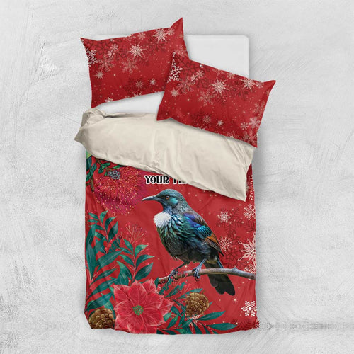 Tui Meri Kirihimete Personalised Bedding Set Pohutukawa Flowers Red Motif - Aussie Hoodie
