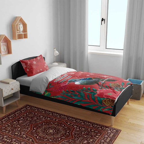 Tui Meri Kirihimete Personalised Bedding Set Pohutukawa Flowers Red Motif - Aussie Hoodie