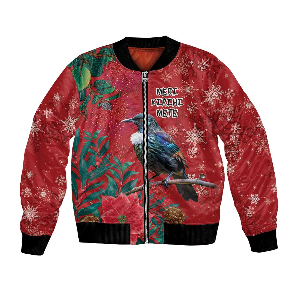 Tui Meri Kirihimete Personalised Bomber Jacket Pohutukawa Flowers Red Motif - Aussie Hoodie