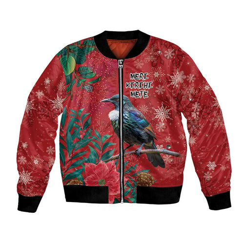 Tui Meri Kirihimete Personalised Bomber Jacket Pohutukawa Flowers Red Motif - Aussie Hoodie