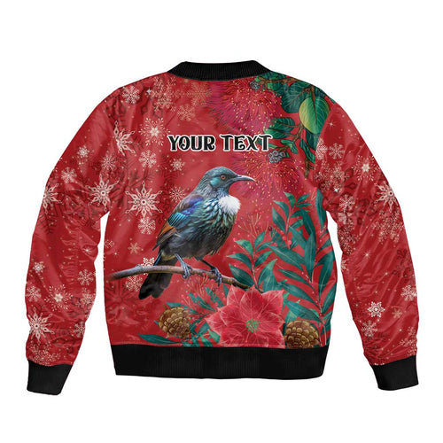 Tui Meri Kirihimete Personalised Bomber Jacket Pohutukawa Flowers Red Motif - Aussie Hoodie