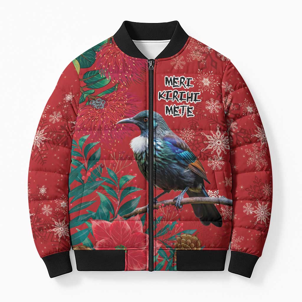 Tui Meri Kirihimete Personalised Bomber Puffer Jacket Pohutukawa Flowers Red Motif - Aussie Hoodie