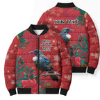 Tui Meri Kirihimete Personalised Bomber Puffer Jacket Pohutukawa Flowers Red Motif - Aussie Hoodie