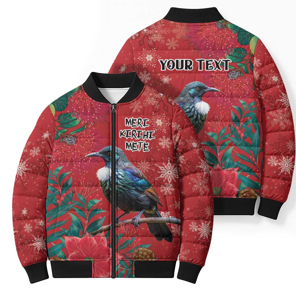 Tui Meri Kirihimete Personalised Bomber Puffer Jacket Pohutukawa Flowers Red Motif - Aussie Hoodie