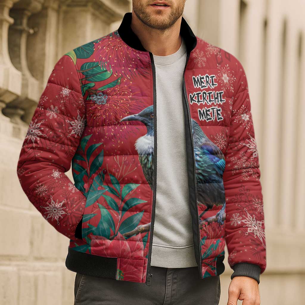 Tui Meri Kirihimete Personalised Bomber Puffer Jacket Pohutukawa Flowers Red Motif - Aussie Hoodie