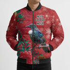 Tui Meri Kirihimete Personalised Bomber Puffer Jacket Pohutukawa Flowers Red Motif - Aussie Hoodie