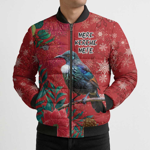 Tui Meri Kirihimete Personalised Bomber Puffer Jacket Pohutukawa Flowers Red Motif - Aussie Hoodie